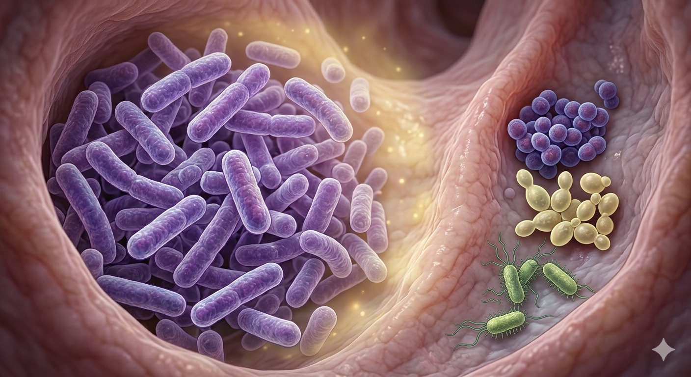 Microscopic view of the vaginal ecosystem, highlighting the protective dominance of Lactobacillus over common pathogens.