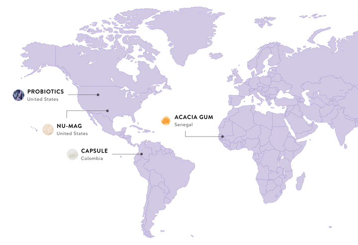 Map showing the probiotic, capsule, nu-mag, and acacia gum sourcing locations